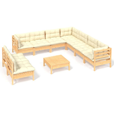 10 Piece Garden Lounge Set with Cream Cushions Solid Pinewood