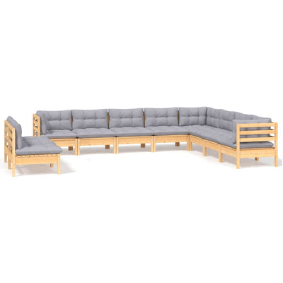 10 Piece Garden Lounge Set with Grey Cushions Solid Pinewood