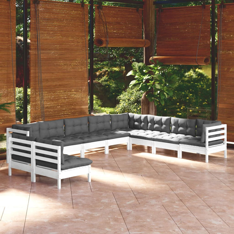 10 Piece Garden Lounge Set with Cushions White Solid Pinewood