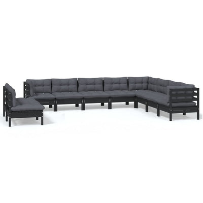 10 Piece Garden Lounge Set with Cushions Black Solid Pinewood