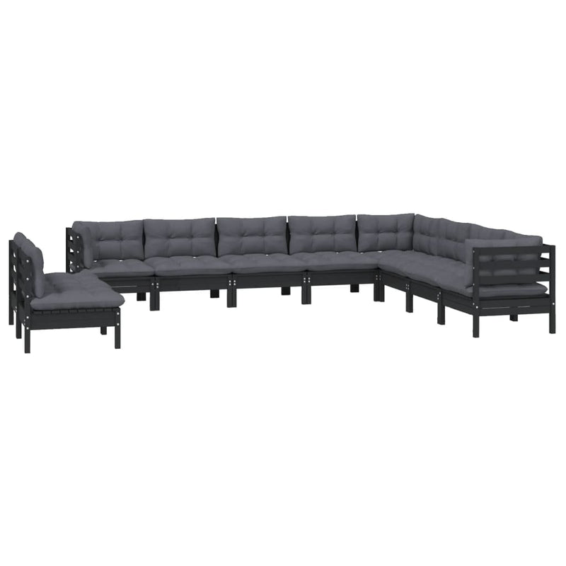 10 Piece Garden Lounge Set with Cushions Black Solid Pinewood