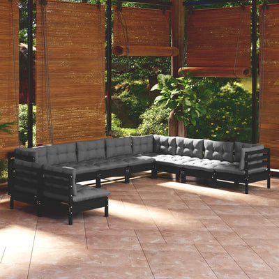 10 Piece Garden Lounge Set with Cushions Black Solid Pinewood