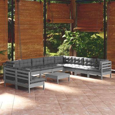 11 Piece Garden Lounge Set with Cushions Grey Solid Pinewood