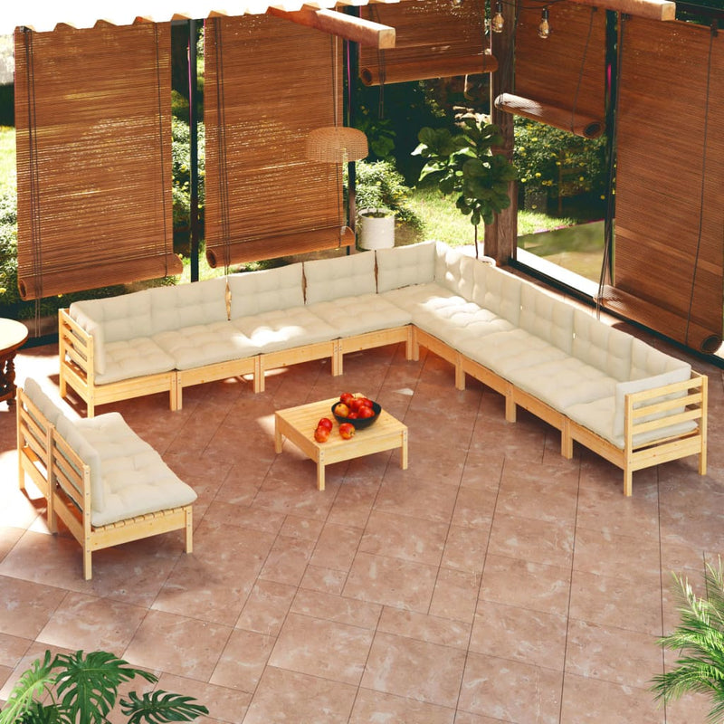 12 Piece Garden Lounge Set with Cream Cushions Solid Pinewood