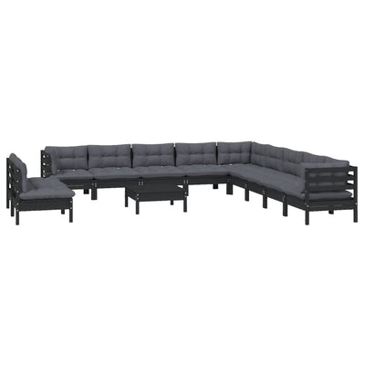 12 Piece Garden Lounge Set with Cushions Black Solid Pinewood