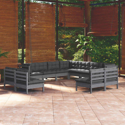 11 Piece Garden Lounge Set with Cushions Grey Solid Pinewood