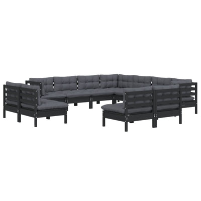 11 Piece Garden Lounge Set with Cushions Black Solid Pinewood