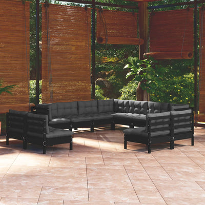 11 Piece Garden Lounge Set with Cushions Black Solid Pinewood