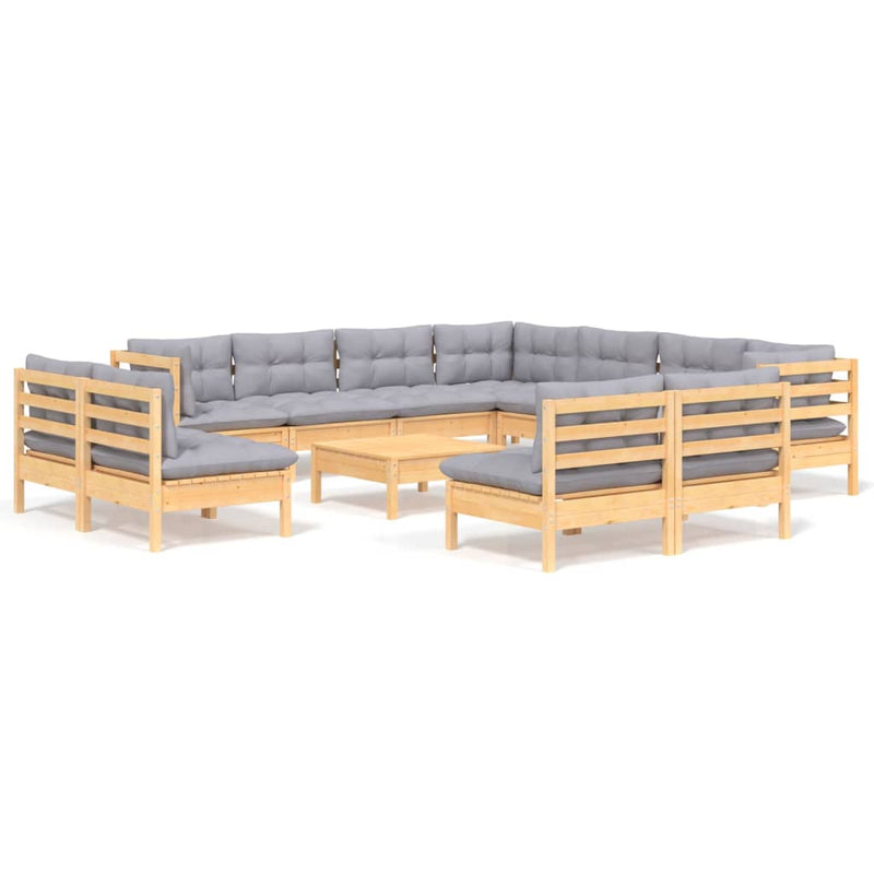 12 Piece Garden Lounge Set with Grey Cushions Solid Pinewood