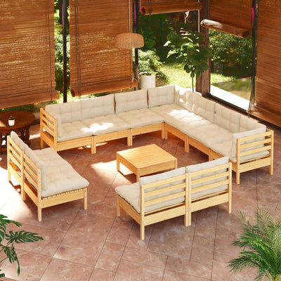 12 Piece Garden Lounge Set with Cream Cushions Solid Pinewood