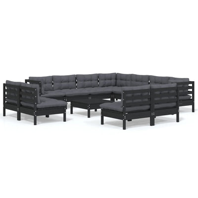 12 Piece Garden Lounge Set with Cushions Black Solid Pinewood