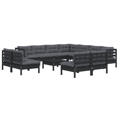 12 Piece Garden Lounge Set with Cushions Black Solid Pinewood