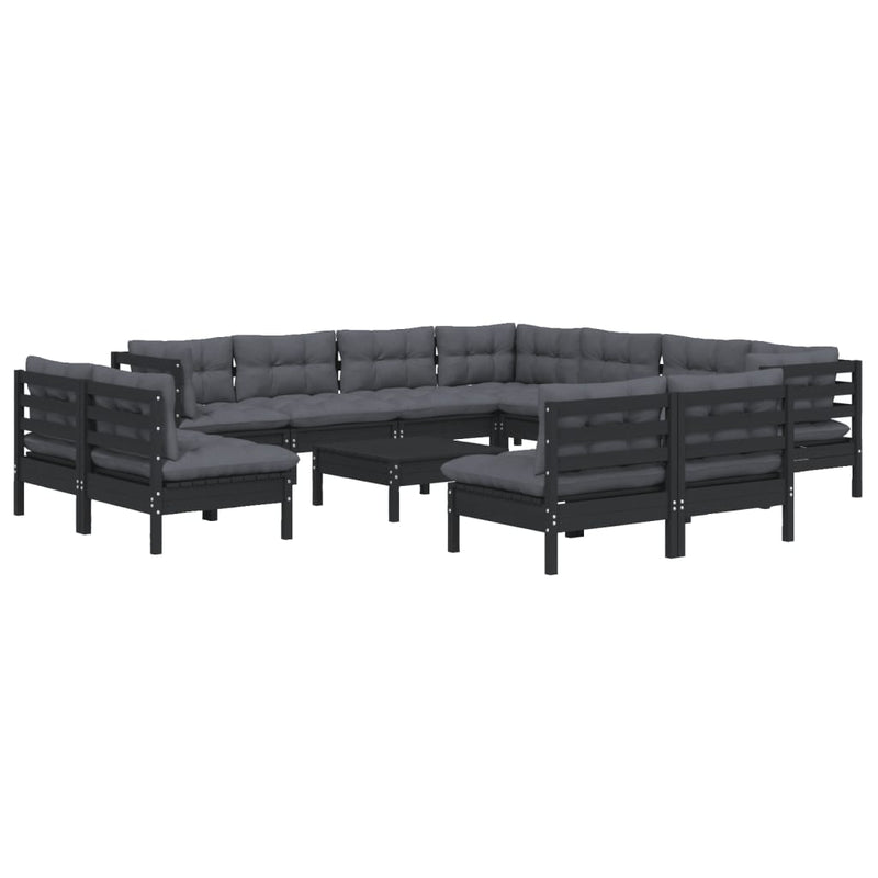 12 Piece Garden Lounge Set with Cushions Black Solid Pinewood