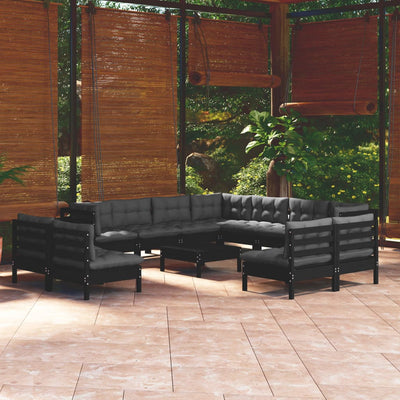 12 Piece Garden Lounge Set with Cushions Black Solid Pinewood