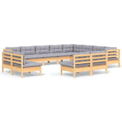 12 Piece Garden Lounge Set with Grey Cushions Solid Pinewood