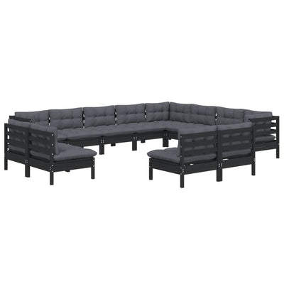 12 Piece Garden Lounge Set with Cushions Black Solid Pinewood