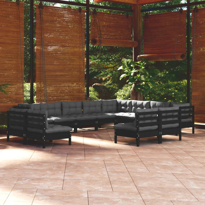 12 Piece Garden Lounge Set with Cushions Black Solid Pinewood