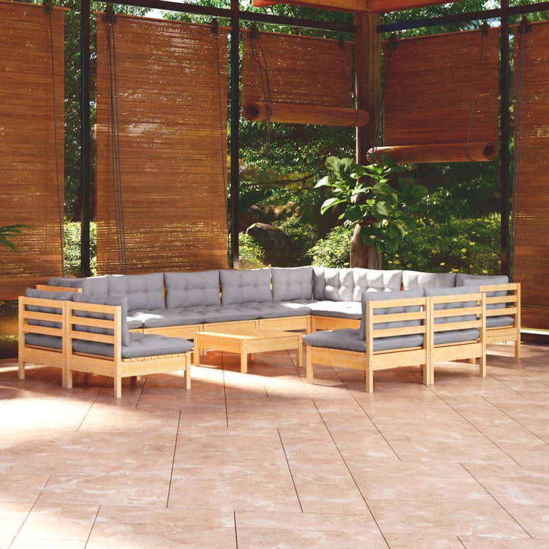 13 Piece Garden Lounge Set with Grey Cushions Solid Pinewood