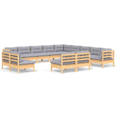 13 Piece Garden Lounge Set with Grey Cushions Solid Pinewood