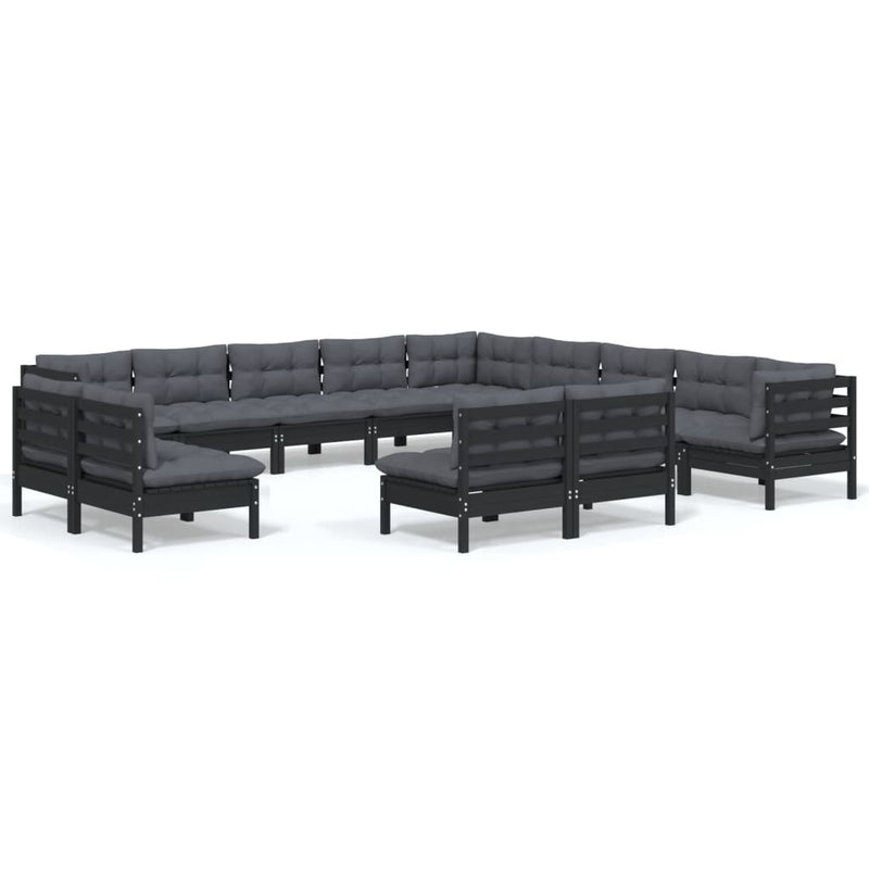 13 Piece Garden Lounge Set with Cushions Black Solid Pinewood