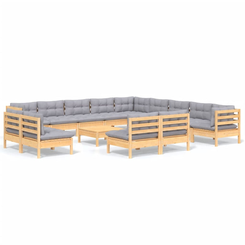 14 Piece Garden Lounge Set with Grey Cushions Solid Pinewood