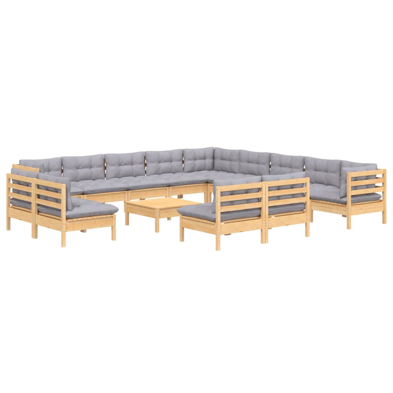 14 Piece Garden Lounge Set with Grey Cushions Solid Pinewood