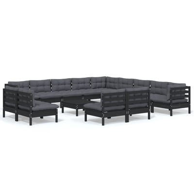 14 Piece Garden Lounge Set with Cushions Black Solid Pinewood