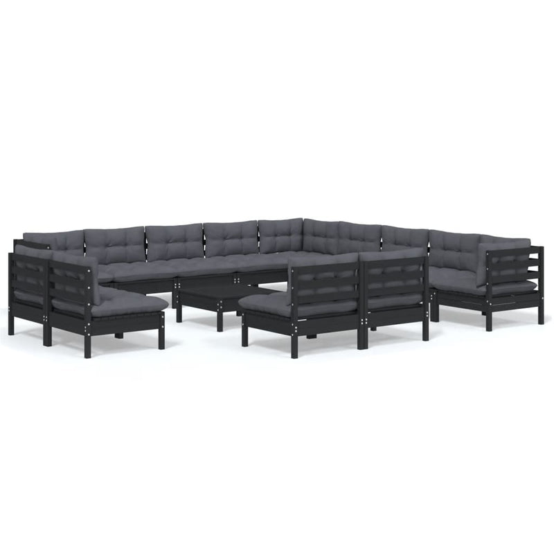 14 Piece Garden Lounge Set with Cushions Black Solid Pinewood