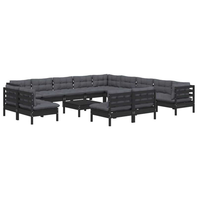 14 Piece Garden Lounge Set with Cushions Black Solid Pinewood