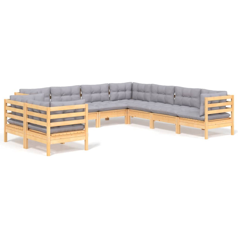 9 Piece Garden Lounge Set with Grey Cushions Solid Pinewood