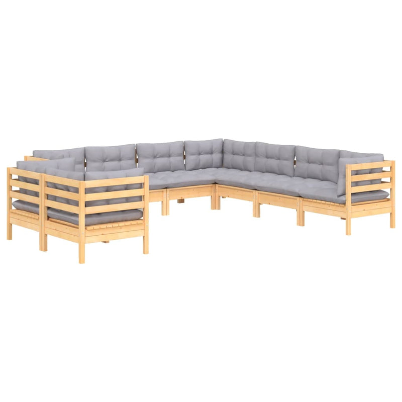 9 Piece Garden Lounge Set with Grey Cushions Solid Pinewood