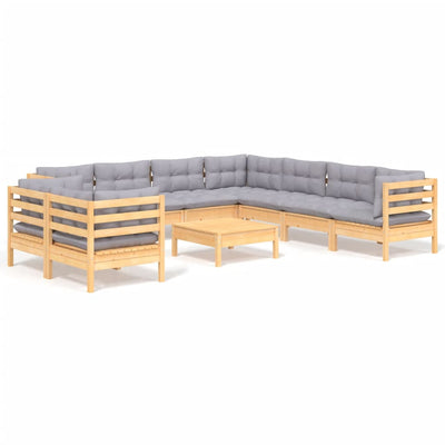 10 Piece Garden Lounge Set with Grey Cushions Solid Pinewood