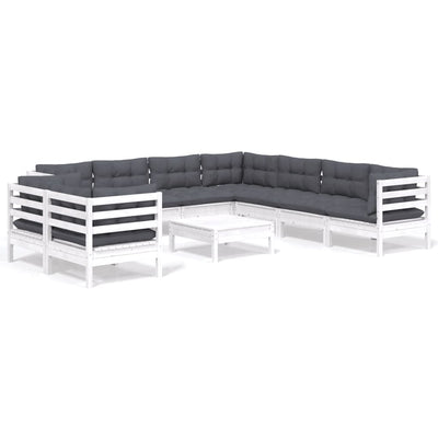 10 Piece Garden Lounge Set with Cushions White Solid Pinewood