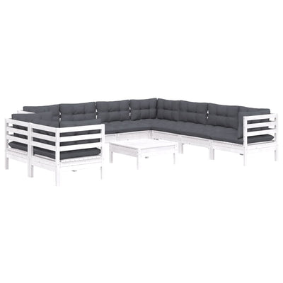 10 Piece Garden Lounge Set with Cushions White Solid Pinewood