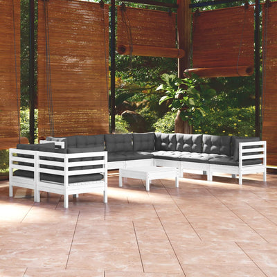 10 Piece Garden Lounge Set with Cushions White Solid Pinewood