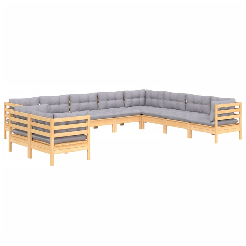 10 Piece Garden Lounge Set with Grey Cushions Solid Pinewood