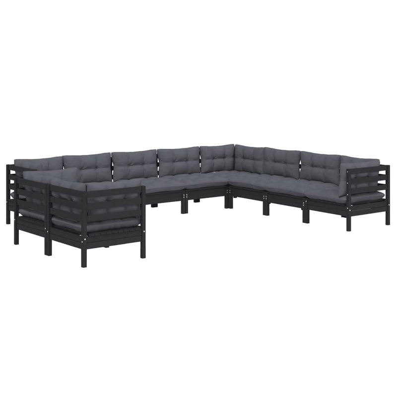 10 Piece Garden Lounge Set with Cushions Black Solid Pinewood