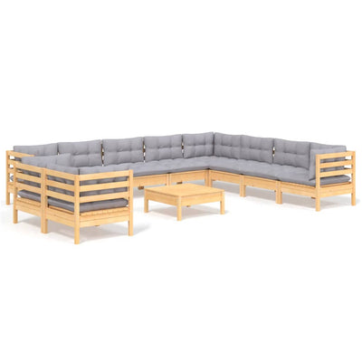 11 Piece Garden Lounge Set with Grey Cushions Solid Pinewood