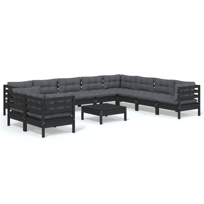 11 Piece Garden Lounge Set with Cushions Black Solid Pinewood