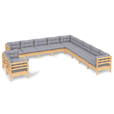 11 Piece Garden Lounge Set with Grey Cushions Solid Pinewood