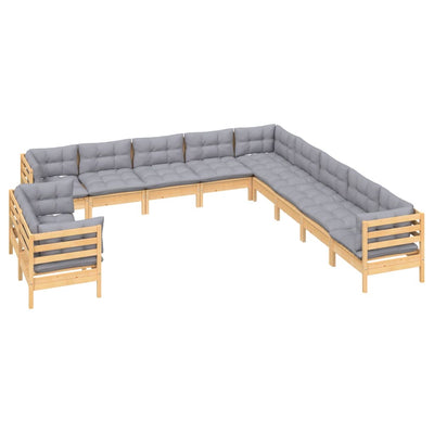 11 Piece Garden Lounge Set with Grey Cushions Solid Pinewood