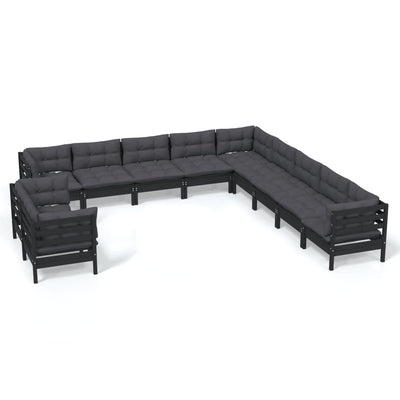 11 Piece Garden Lounge Set with Cushions Black Solid Pinewood