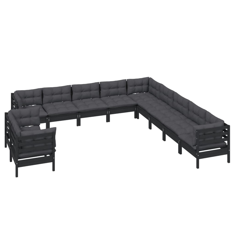 11 Piece Garden Lounge Set with Cushions Black Solid Pinewood