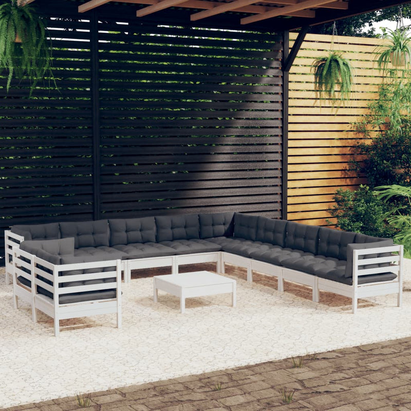 12 Piece Garden Lounge Set with Cushions White Solid Pinewood