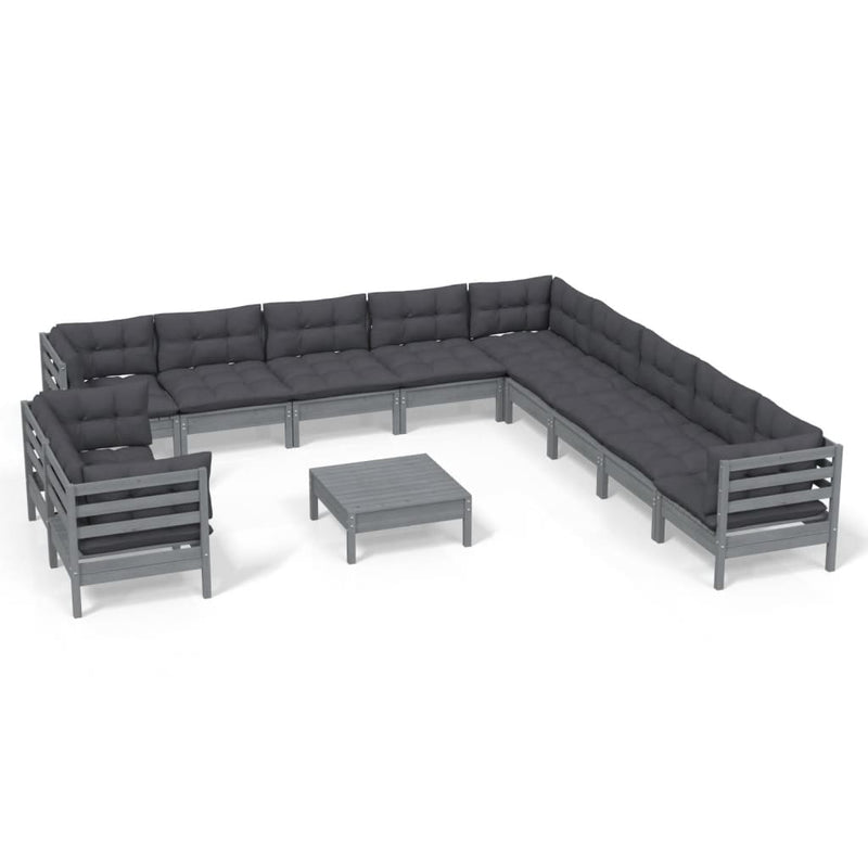 12 Piece Garden Lounge Set with Cushions Grey Solid Pinewood