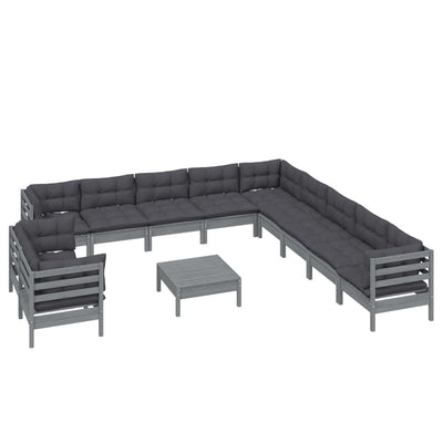 12 Piece Garden Lounge Set with Cushions Grey Solid Pinewood