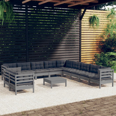 12 Piece Garden Lounge Set with Cushions Grey Solid Pinewood