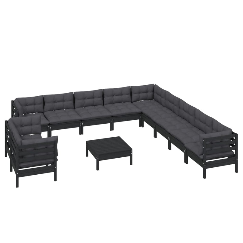 12 Piece Garden Lounge Set with Cushions Black Solid Pinewood