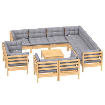 12 Piece Garden Lounge Set with Grey Cushions Solid Pinewood