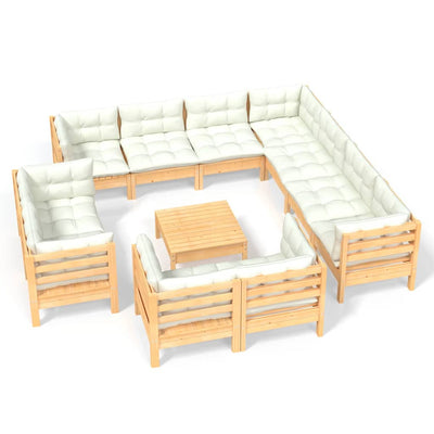 12 Piece Garden Lounge Set with Cream Cushions Solid Pinewood